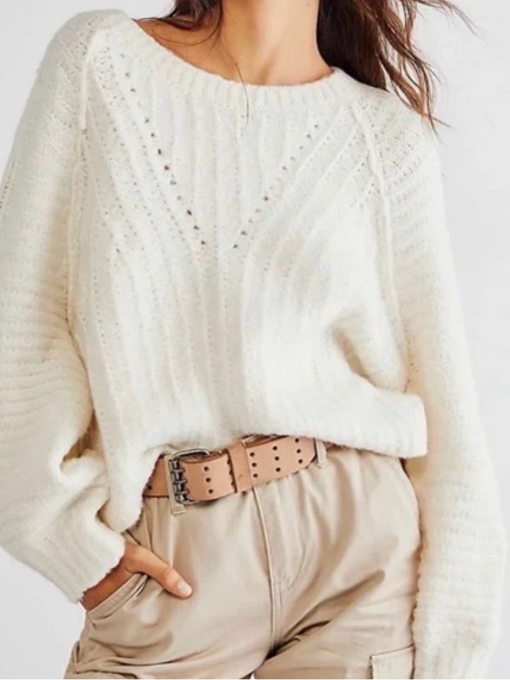 Free People Gorhic Pullover Cozy Ivory Knit Sweater - Women Size S